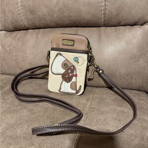Chala Brown and Cream Striped Cell Phone Crossbody Bag with Dog Design